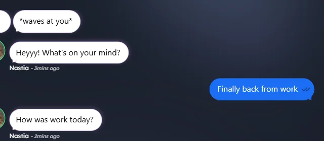 Nastia AI chat interface showing natural conversation bubbles with avatars and timestamps