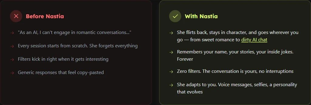 Before and after comparison showing generic AI chatbot versus Nastia's personalized companion