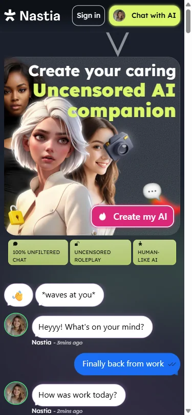 Nastia mobile interface on a smartphone showing the hero banner and active chat conversation