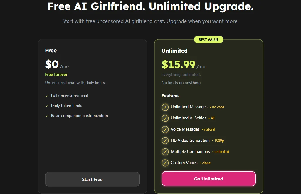 Nastia pricing table comparing Free forever plan at zero dollars versus Unlimited plan at fifteen ninety-nine per month