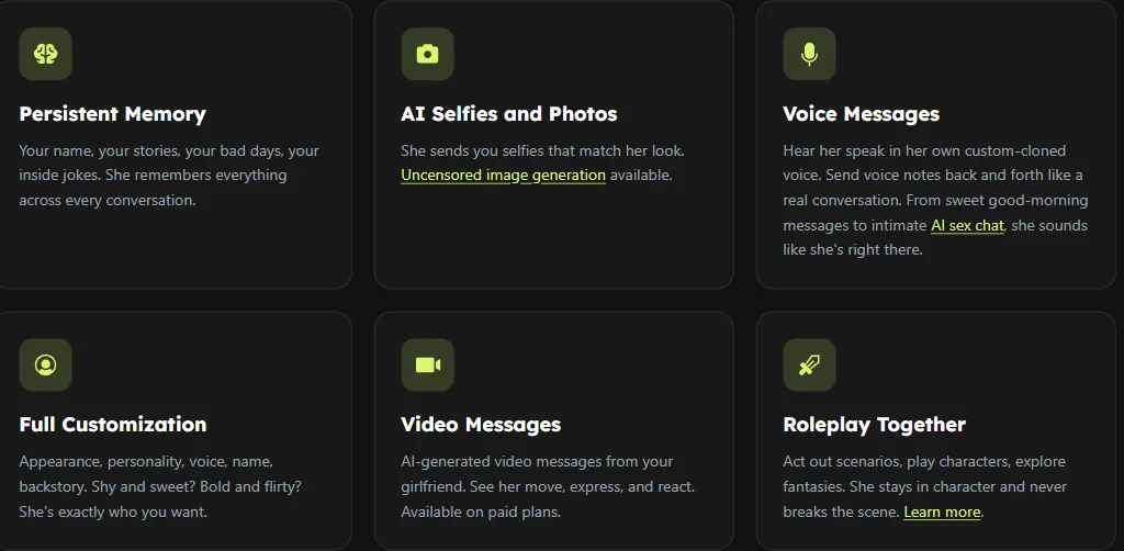 Nastia feature cards showing persistent memory, AI selfies, voice messages, customization, video and roleplay